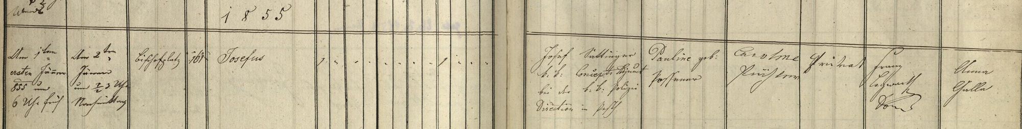Taufbuch Graz-Dom 1855: Josefus, Bischofplatz 161, Vater Josef Sattinger, k.k. Concepts Adjunct bei der k.k. Polizei-Direction in Pest, Mutter Pauline geb. Poßener